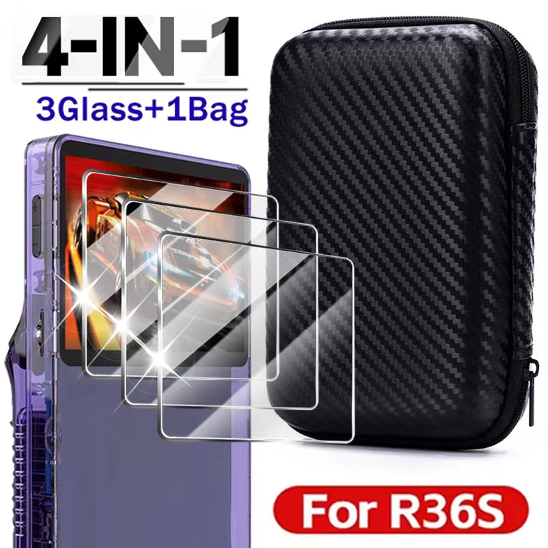 4 in 1 Case+Glass for R36S Game Console Travel Carrying Storage Bag & Screen Protectors Tempered Glass Film for R36S Accessories