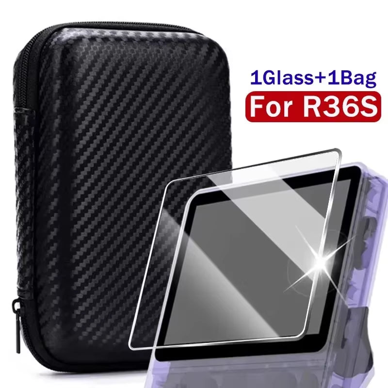 4 in 1 Case+Glass for R36S Game Console Travel Carrying Storage Bag & Screen Protectors Tempered Glass Film for R36S Accessories