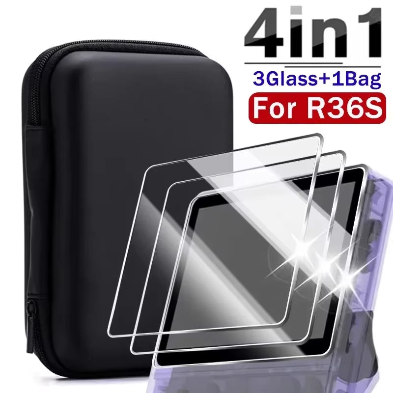 4 in 1 Case+Glass for R36S Game Console Travel Carrying Storage Bag & Screen Protectors Tempered Glass Film for R36S Accessories