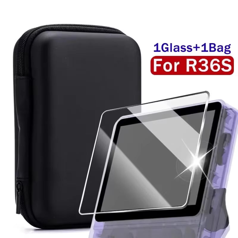 4 in 1 Case+Glass for R36S Game Console Travel Carrying Storage Bag & Screen Protectors Tempered Glass Film for R36S Accessories