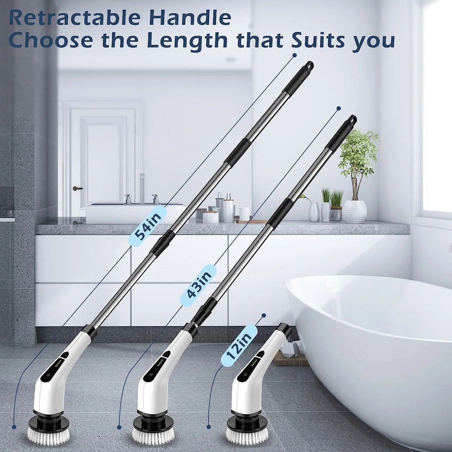 Electric Spin Scrubber, Cordless Bath Tub Power Scrubber with Long Handle & 7 Replaceable Heads, Detachable as Short Handle, Shower Cleaning Brush Household Tools for Bathroom & Tile Floor