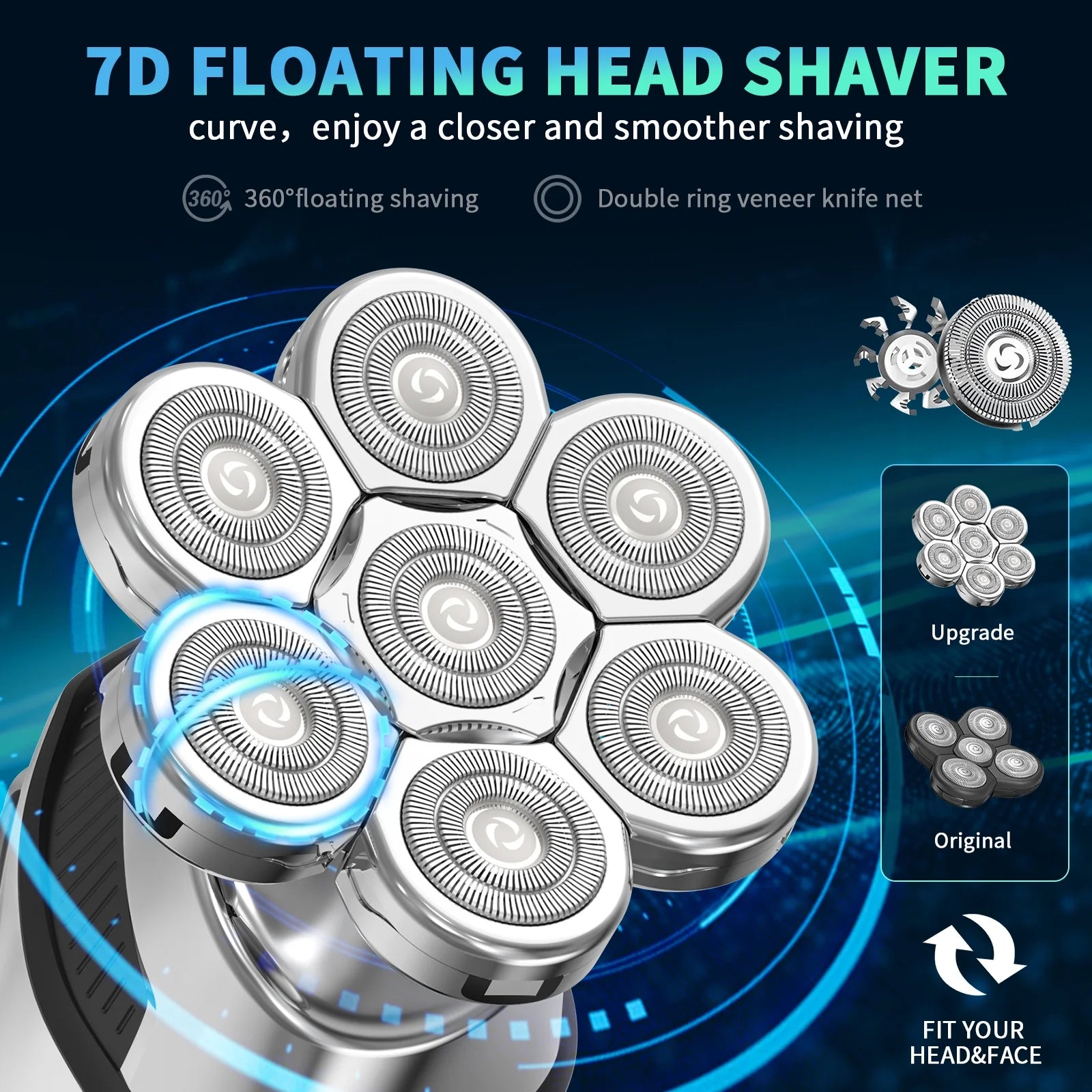 7D Head Shaver, 5 in 1 Bald Head Shavers, LED Display, Waterproof Wet/Dry Mens Grooming Kit