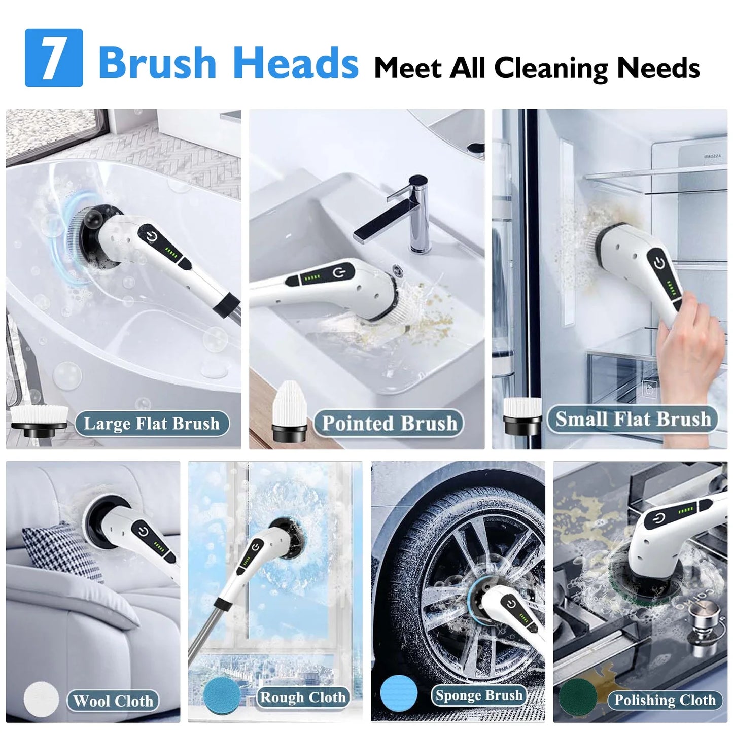 Electric Spin Scrubber, Cordless Bath Tub Power Scrubber with Long Handle & 7 Replaceable Heads, Detachable as Short Handle, Shower Cleaning Brush Household Tools for Bathroom & Tile Floor