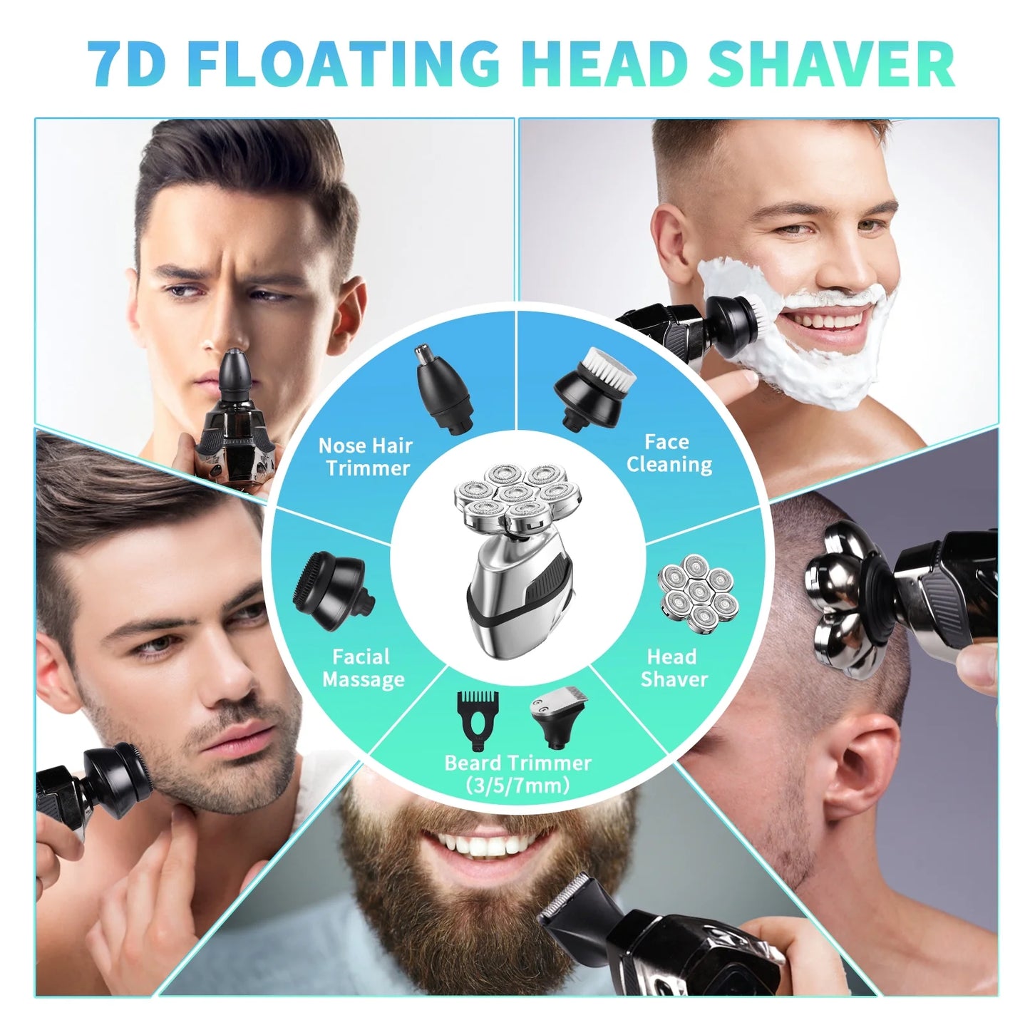 7D Head Shaver, 5 in 1 Bald Head Shavers, LED Display, Waterproof Wet/Dry Mens Grooming Kit